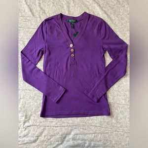 Lauren Ralph Lauren Petite Womens Purple Long Sleeve V-neck P/P